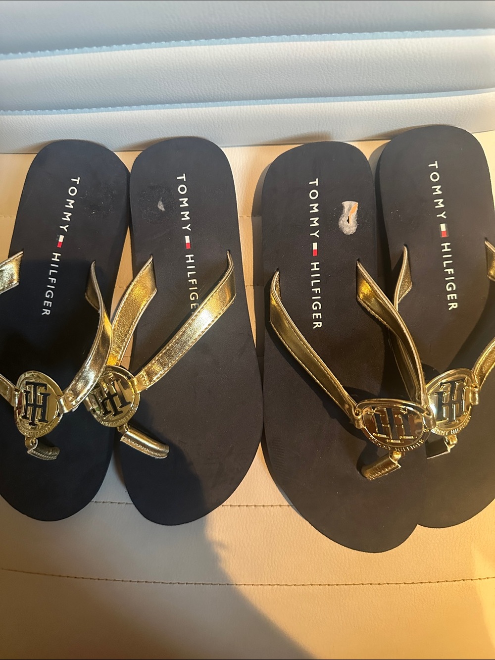 Tommy Hilfiger womens Black Flip Flops with Gold Logo Straps 2 pair NWOT